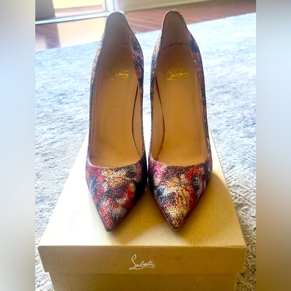 silver Christian Louboutin size 8.5. 120cm heels.